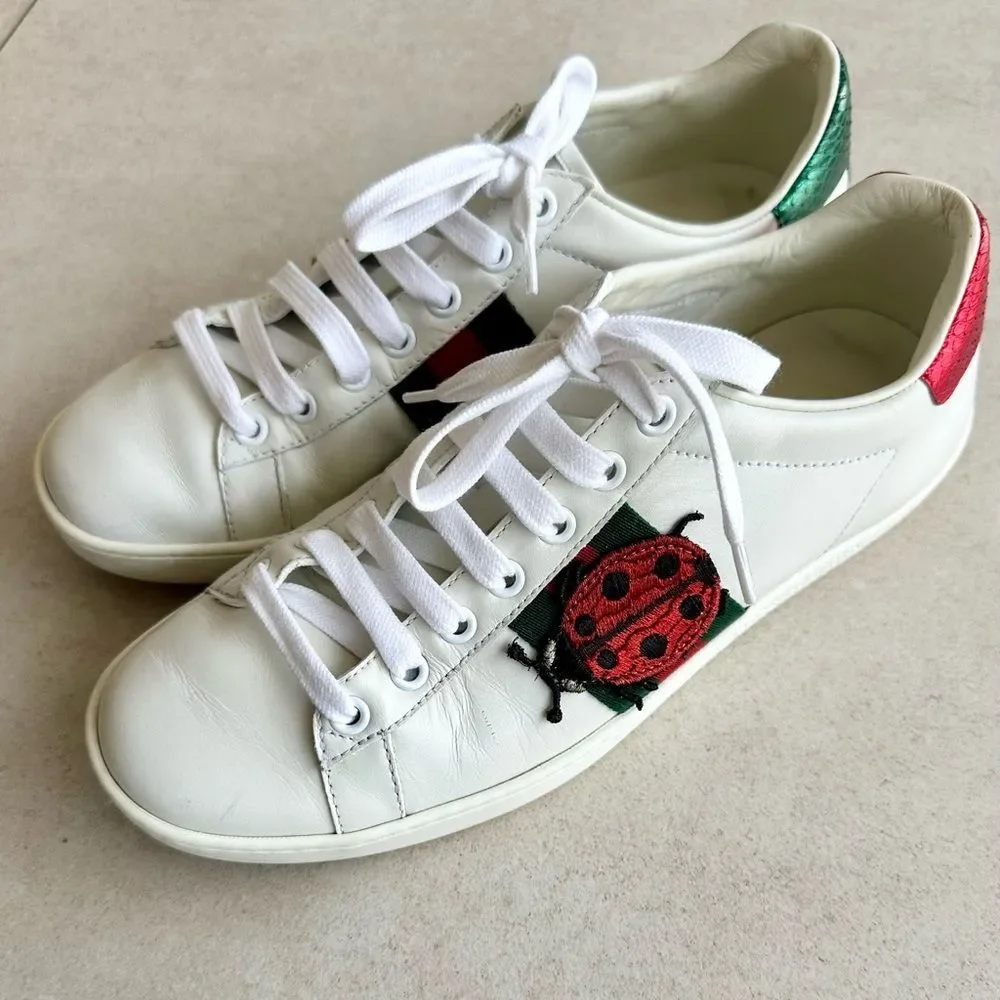 Gucci White Leather Embroidered Ladybug And Pineapple Ace Sneakers Size 36.5 - Picture 3 of 15